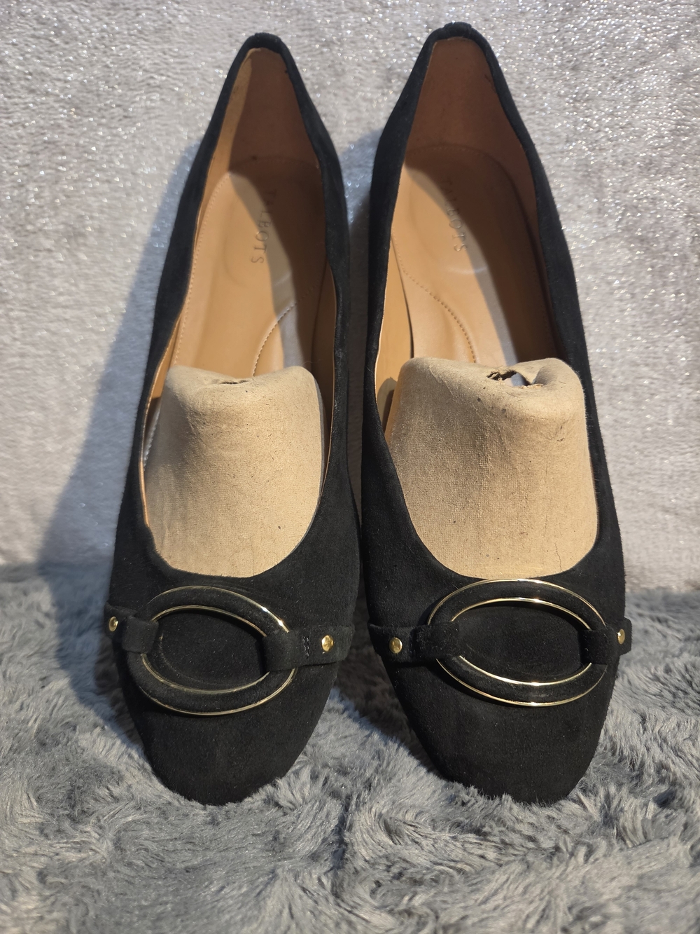 Talbots Black Suede Flats with Gold Circular Accent